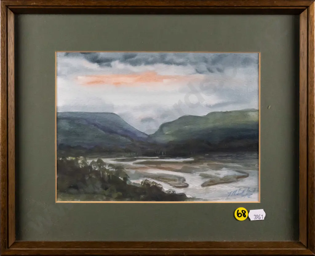 Fergus Sutherland - framed watercolour -"Evening on Tahakopa Estuary (Catlins)" H-150 W-210 Image 1++