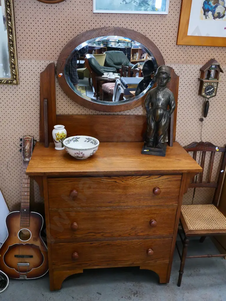 deco oak 4-drawer chest with oval bevelled mirror, turned wood handles - upstand a bit loose H-1550 W-910 D-430 Image 1++