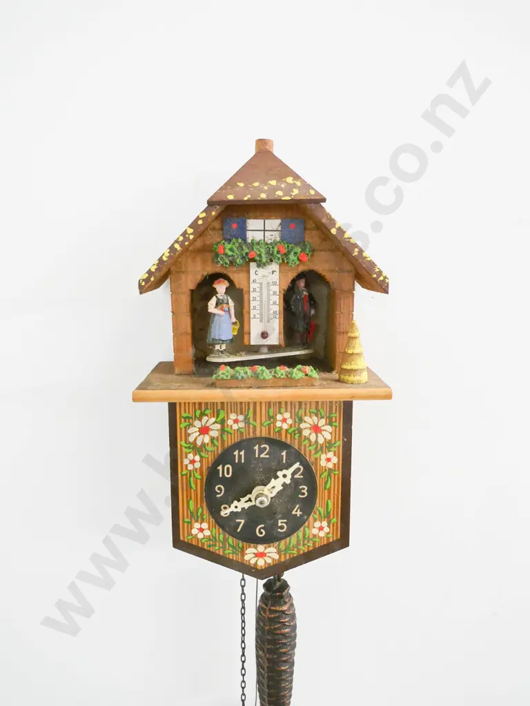 hand painted wood-cased cuckoo clock with thermometer, single weight Case H-240 W-130 Image 1++