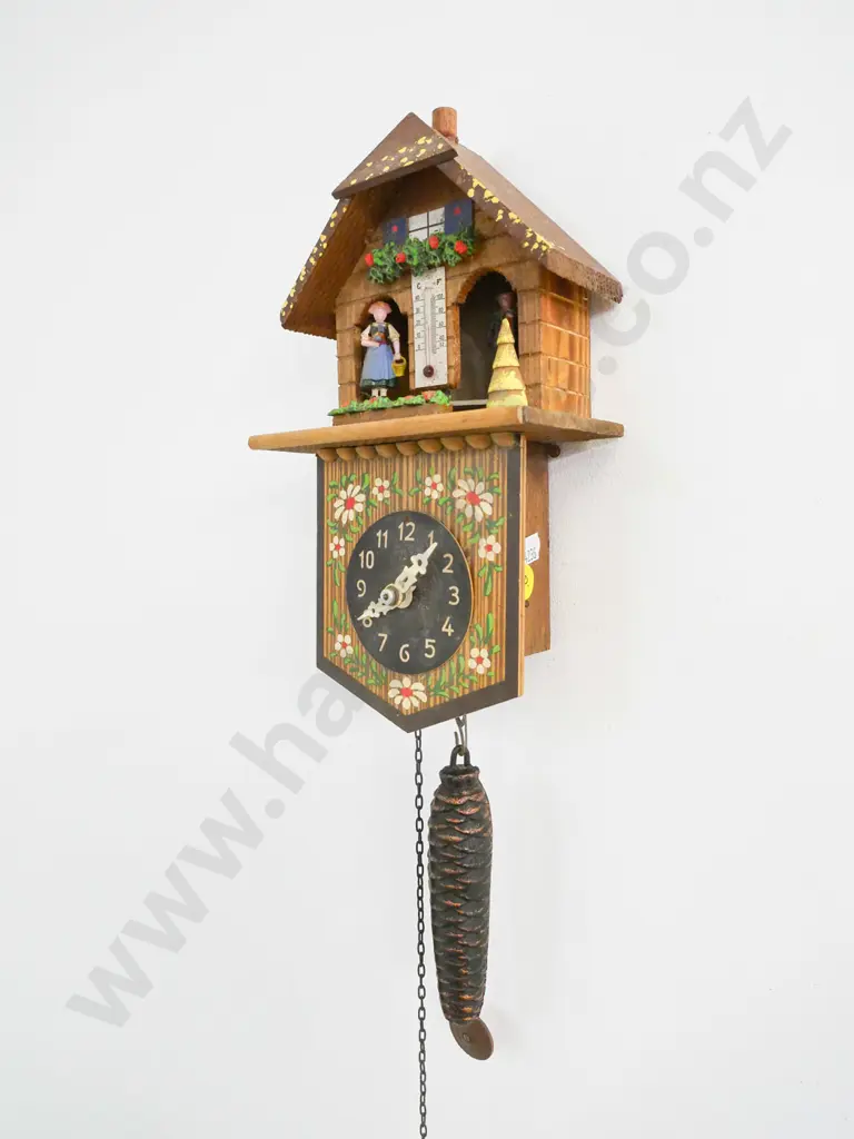 hand painted wood-cased cuckoo clock with thermometer, single weight Case H-240 W-130 Image 1++