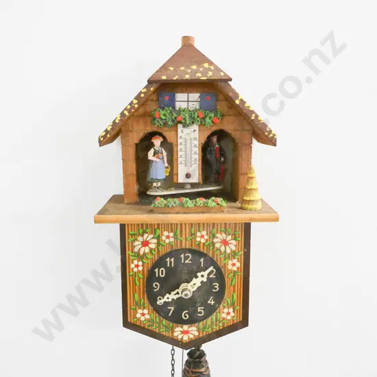 hand painted wood-cased cuckoo clock with thermometer, single weight Case H-240 W-130