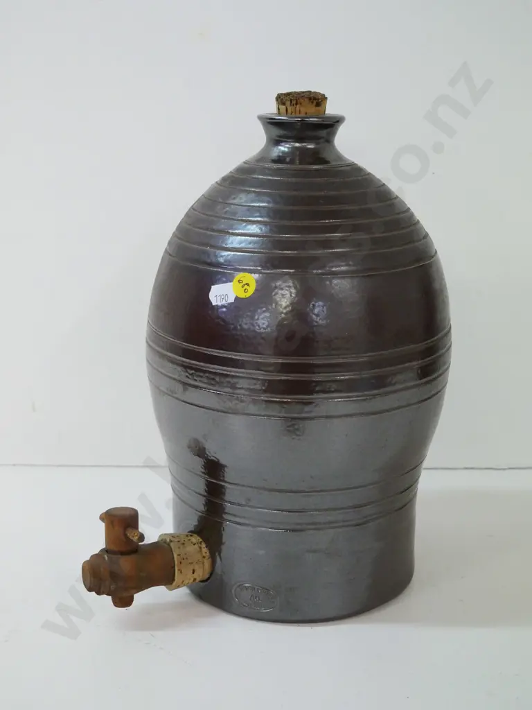 salt glazed stoneware narrow mouth jug with wooden dispensing tap H-330 Diameter 180 Image 1++
