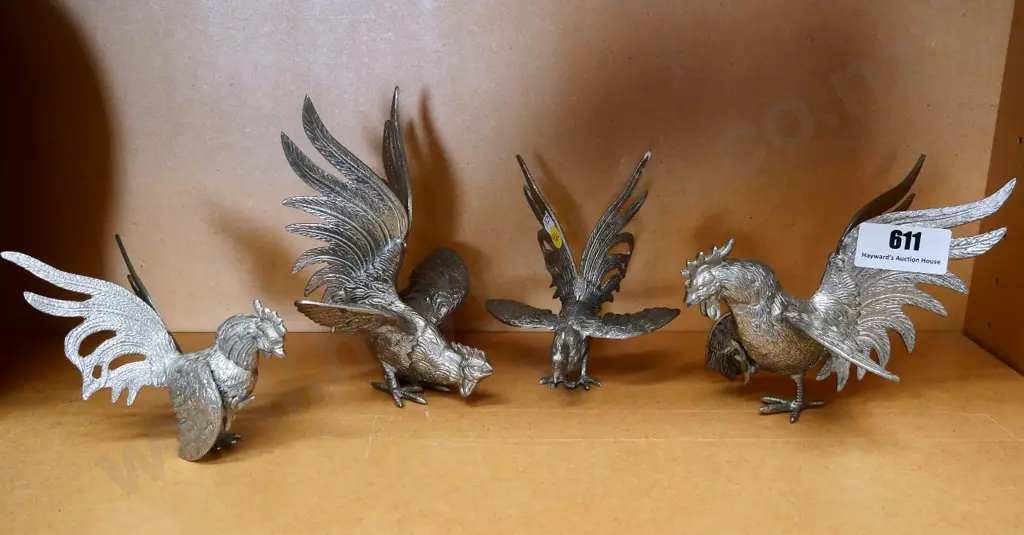 4 cast metal decorative fighting cock figures - tallest is H-190 Image 1++