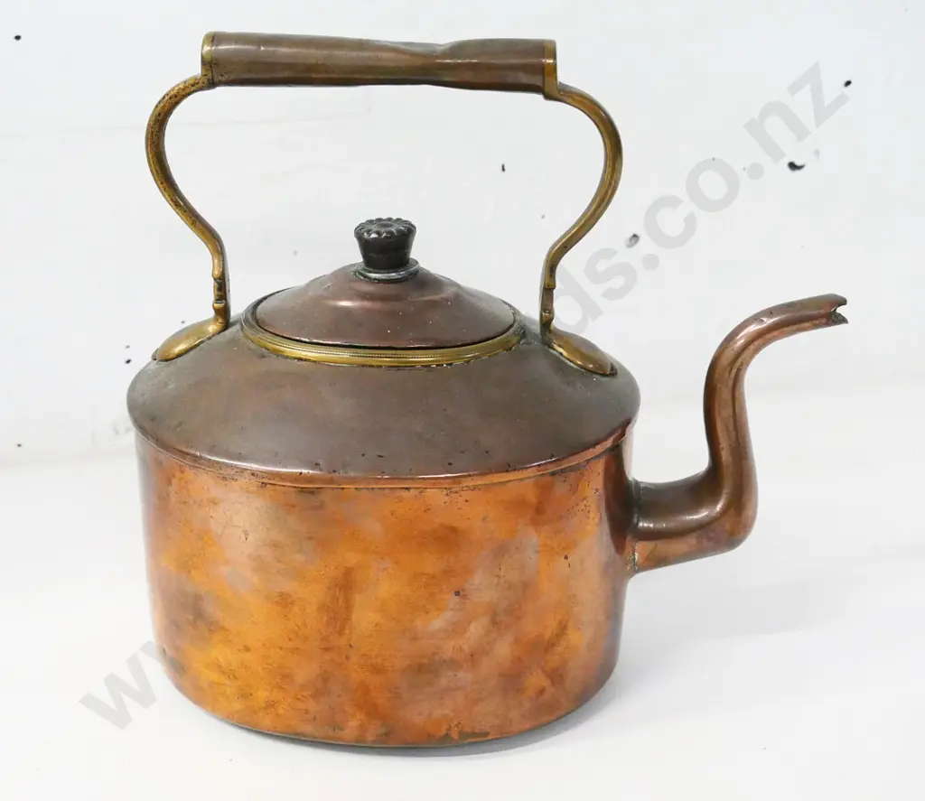 vintage copper and brass kettle with black finish metal knob - some dents H-240 L-250 Image 1++