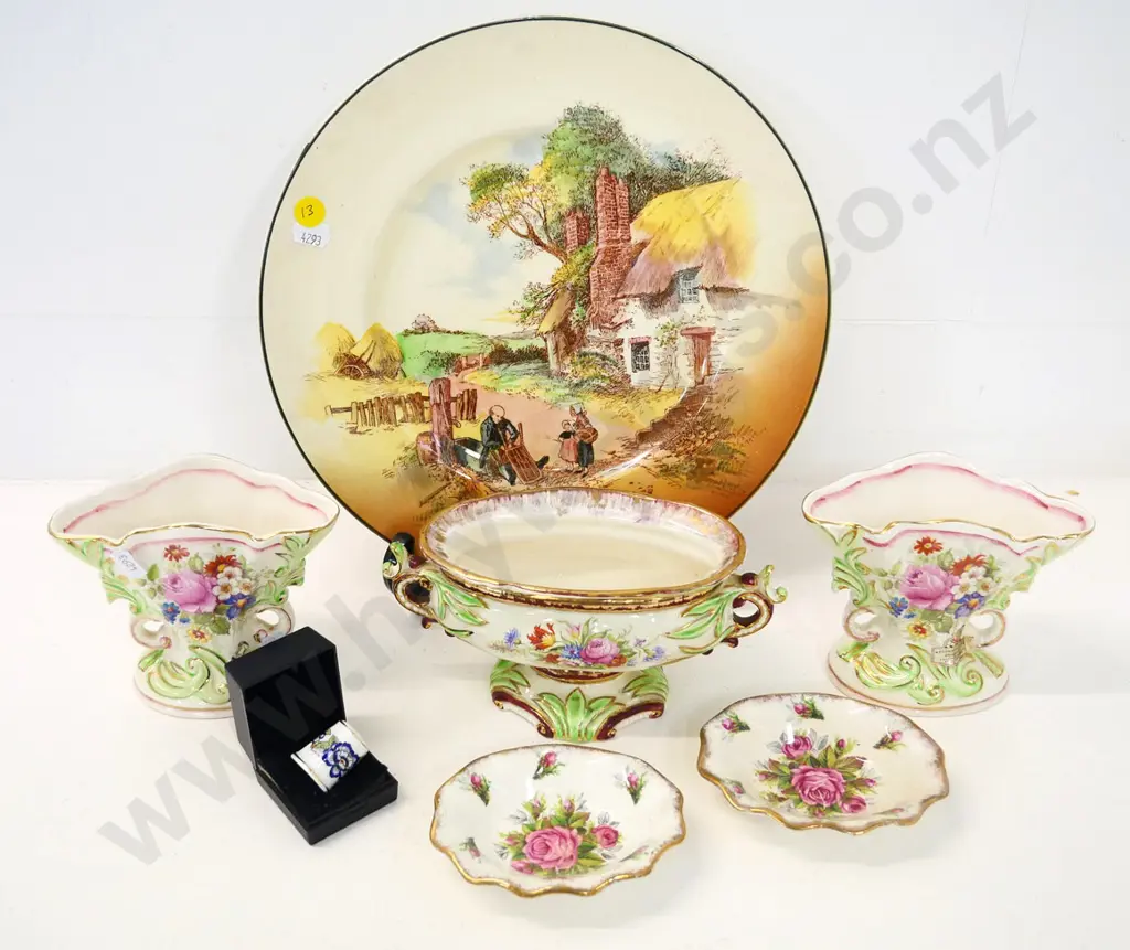 assorted English china - Royal Doulton Rustic England plate, Wedgwood trough vase & urn set, thimble, James Kent plates Image 1++