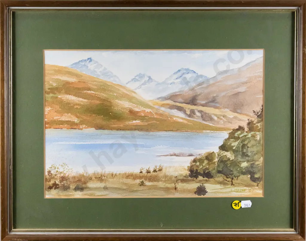 framed watercolour - lake and mountain scene H-240 W-340 Image 1++