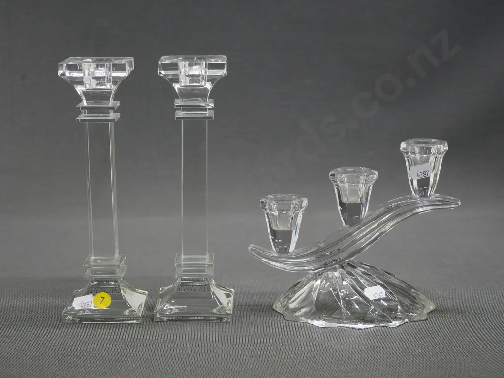 pair of glass candlesticks H-300 and a 3-candle candelabrum Image 1++