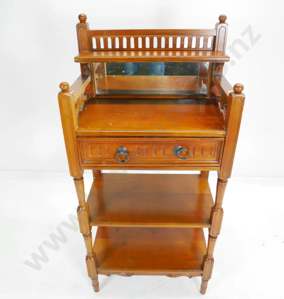 vintage whatnot / hall stand with single drawer, mirrored spindle gallery back, 2 lower shelves H-1050 W-500 D-310 Image 1++