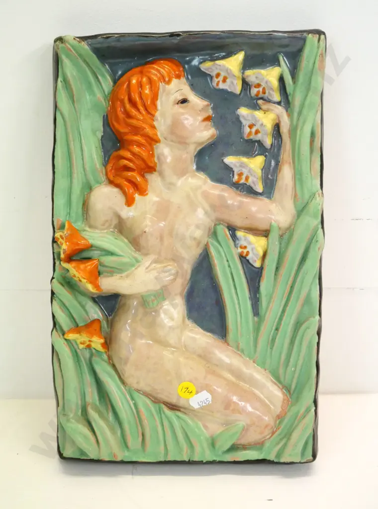 glazed terracotta wall plaque - nude figure with flowers H-340 W-210 Image 1++