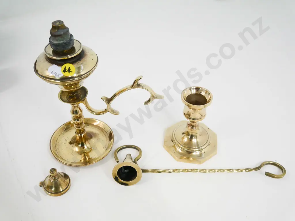 vintage brass items - kerosene candlestick style lamp, may have missing piece, H-200, snuffer, etc. Image 1++