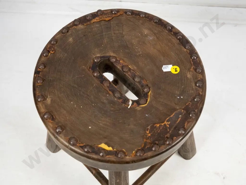 vintage mahogany 4-legged stool with studded top, most of leatherette seat has worn off H-400 300x300 at base Image 1++