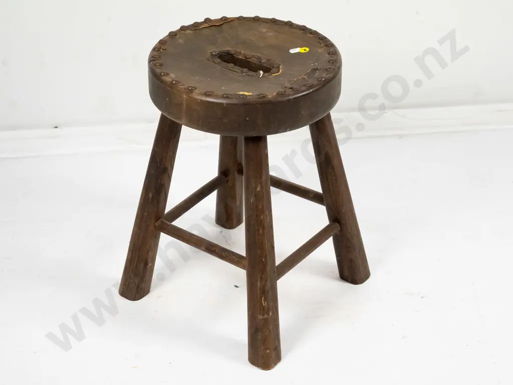 vintage mahogany 4-legged stool with studded top, most of leatherette seat has worn off H-400 300x300 at base Image 1++
