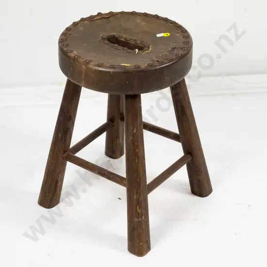 vintage mahogany 4-legged stool with studded top, most of leatherette seat has worn off H-400 300x300 at base
