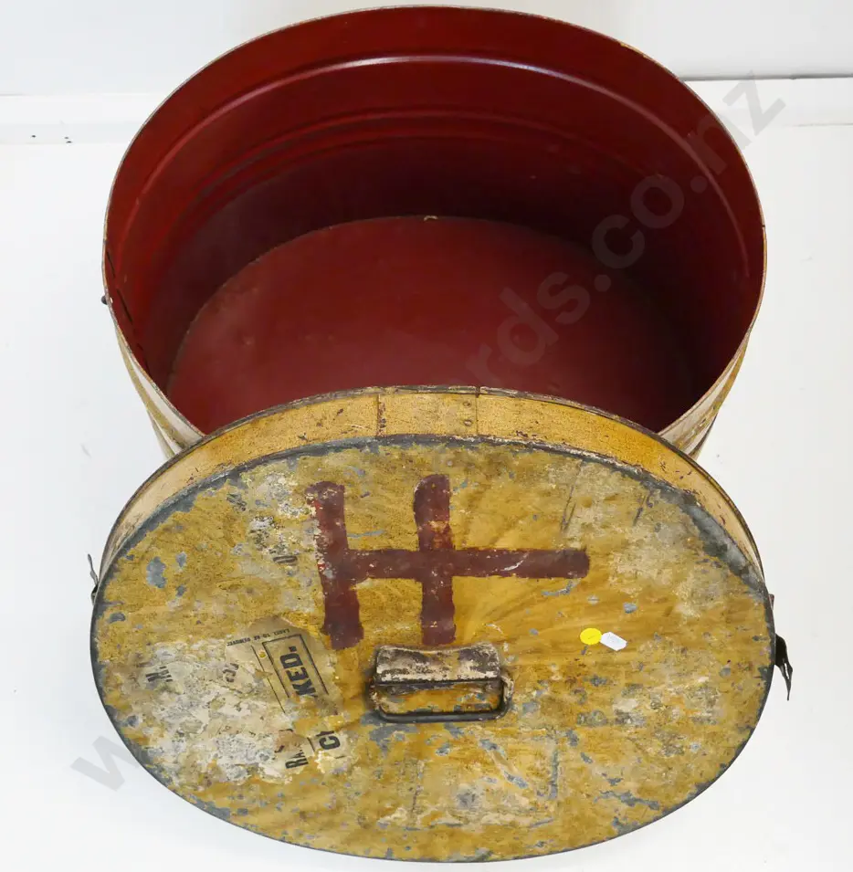 large vintage oval travelling hat tin with faux wood-grain finish - wear and paint loss H-300 L-460 W-380 Image 1++