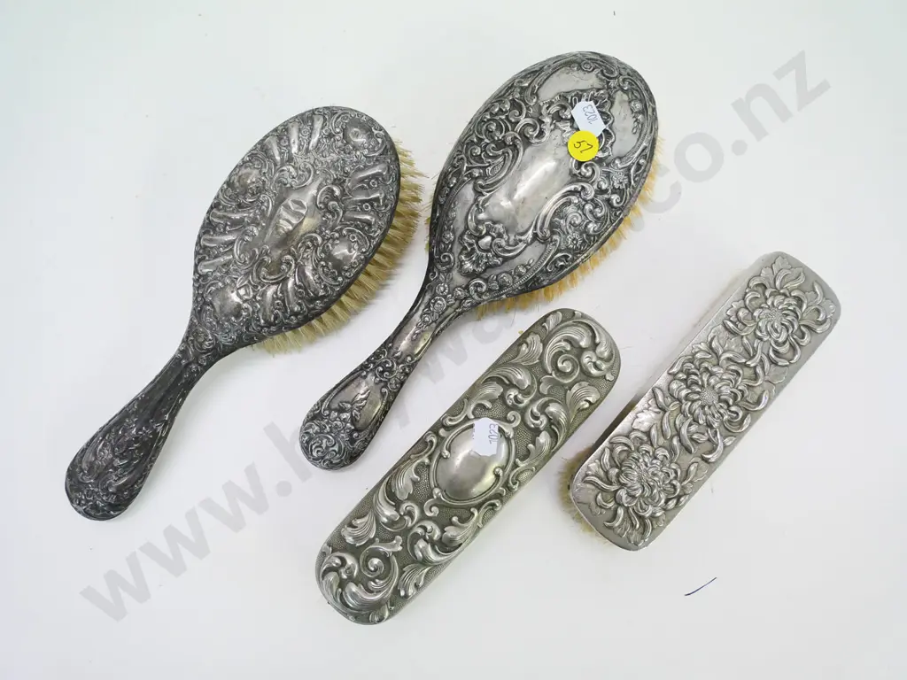 2 sets of figured (plated?) silver hair & clothes brushes, no marks Image 1++
