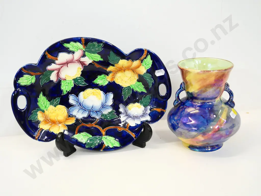 2 pieces of Maling china - double handled lustre vase H-160 D-130 and a hand-painted dish Image 1++