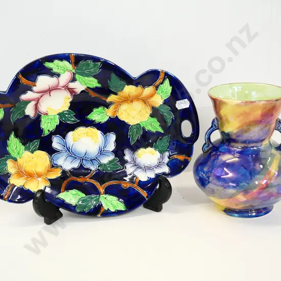 2 pieces of Maling china - double handled lustre vase H-160 D-130 and a hand-painted dish