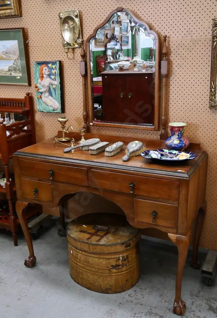 beech kneehole dressing table with bevelled mirror, ball & claw feet - split on each end, finish needs attn H1540 W1025 Image 1++