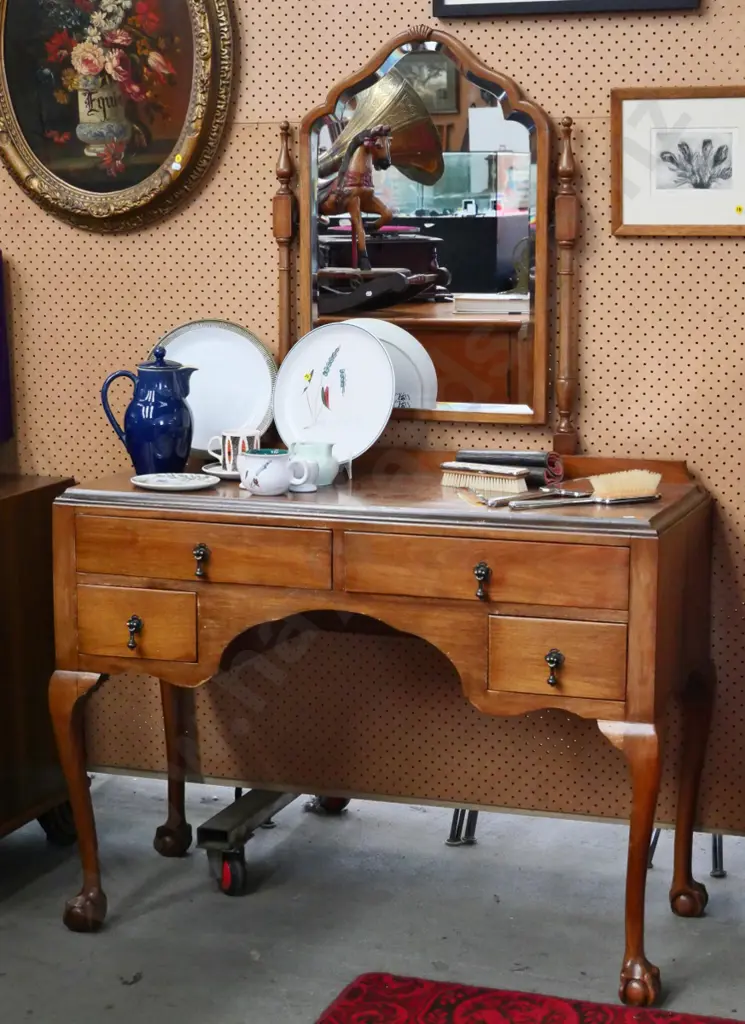 beech kneehole dressing table with bevelled mirror, ball & claw feet - split on each end, finish needs attn H1540 W1025 Image 1++