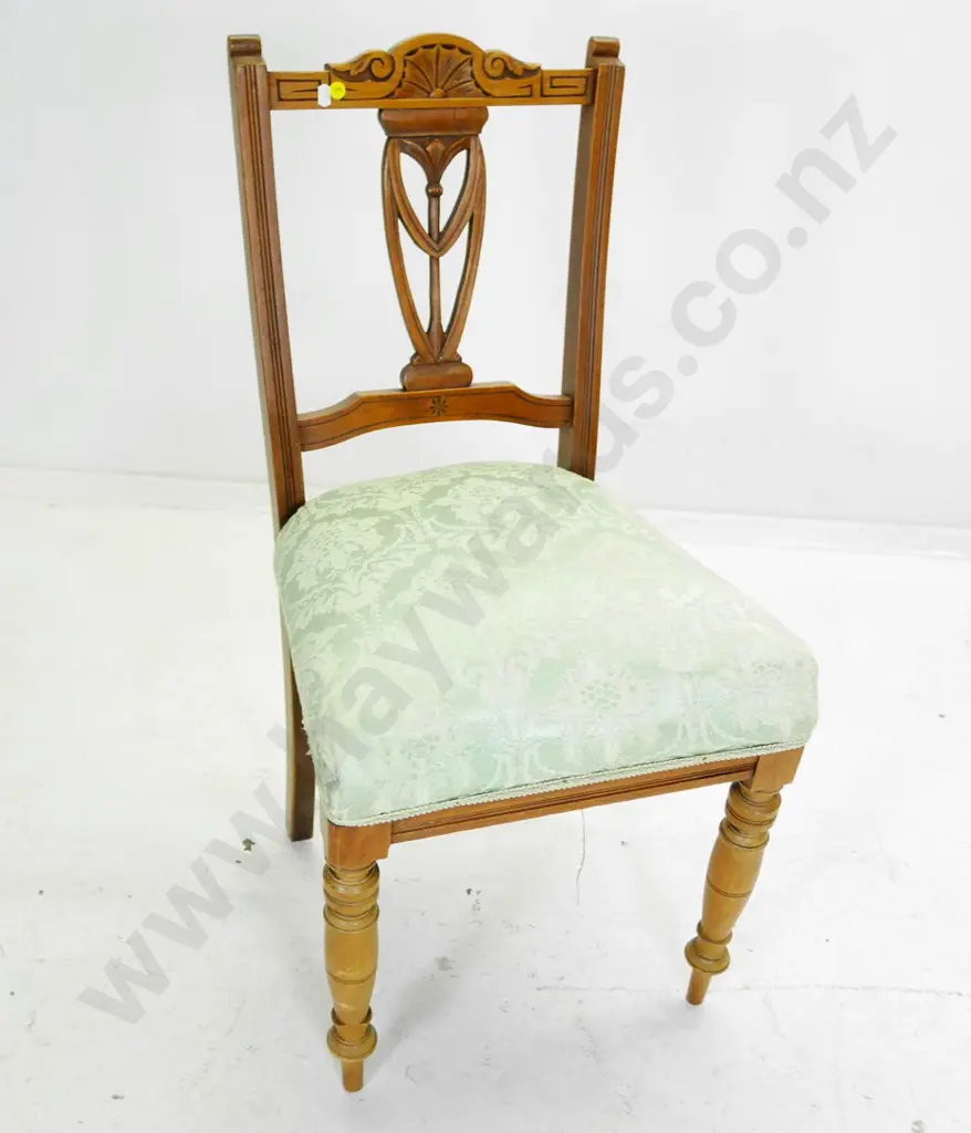 restorer's Edwardian beech carved splat dining chair, damask upholstered seat H-890 W-430 D-420 Image 1++