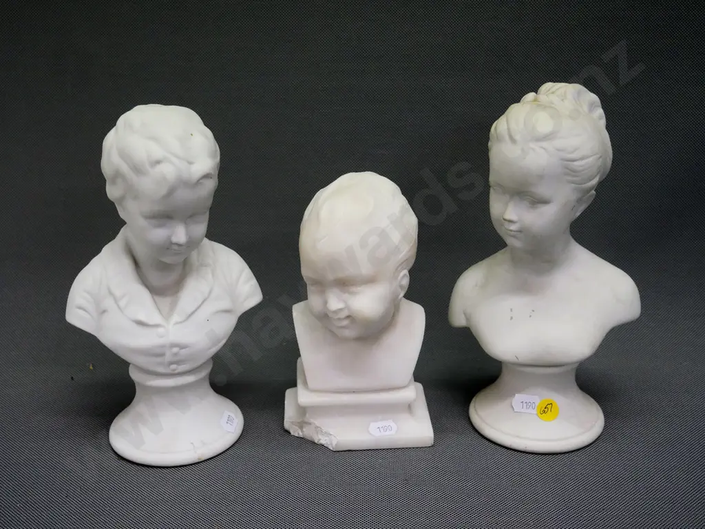 2 porcelain and one white stone busts - tallest H-220, chip to base of stone bust Image 1++