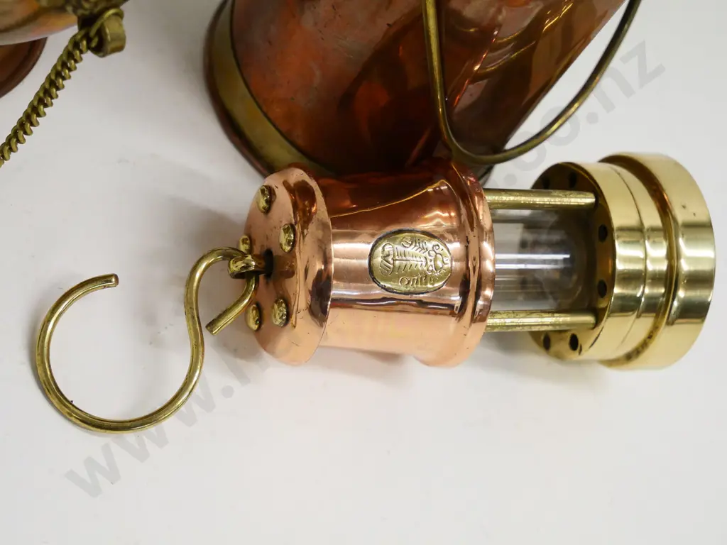 3 copper and brass items - censer / incense burner, small oil lamp and pourer jug H-220 with handle down Image 1++