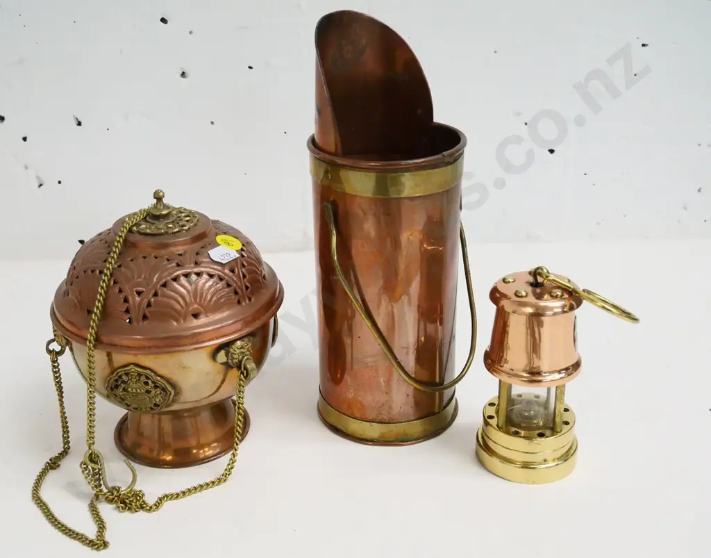 3 copper and brass items - censer / incense burner, small oil lamp and pourer jug H-220 with handle down Image 1++