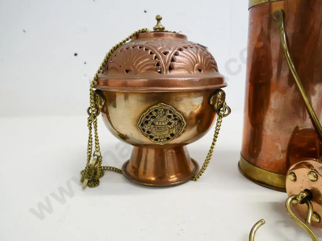 3 copper and brass items - censer / incense burner, small oil lamp and pourer jug H-220 with handle down Image 1++