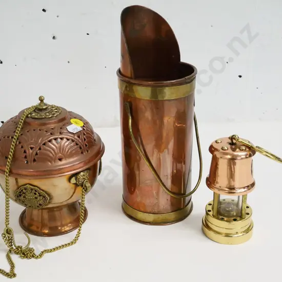3 copper and brass items - censer / incense burner, small oil lamp and pourer jug H-220 with handle down