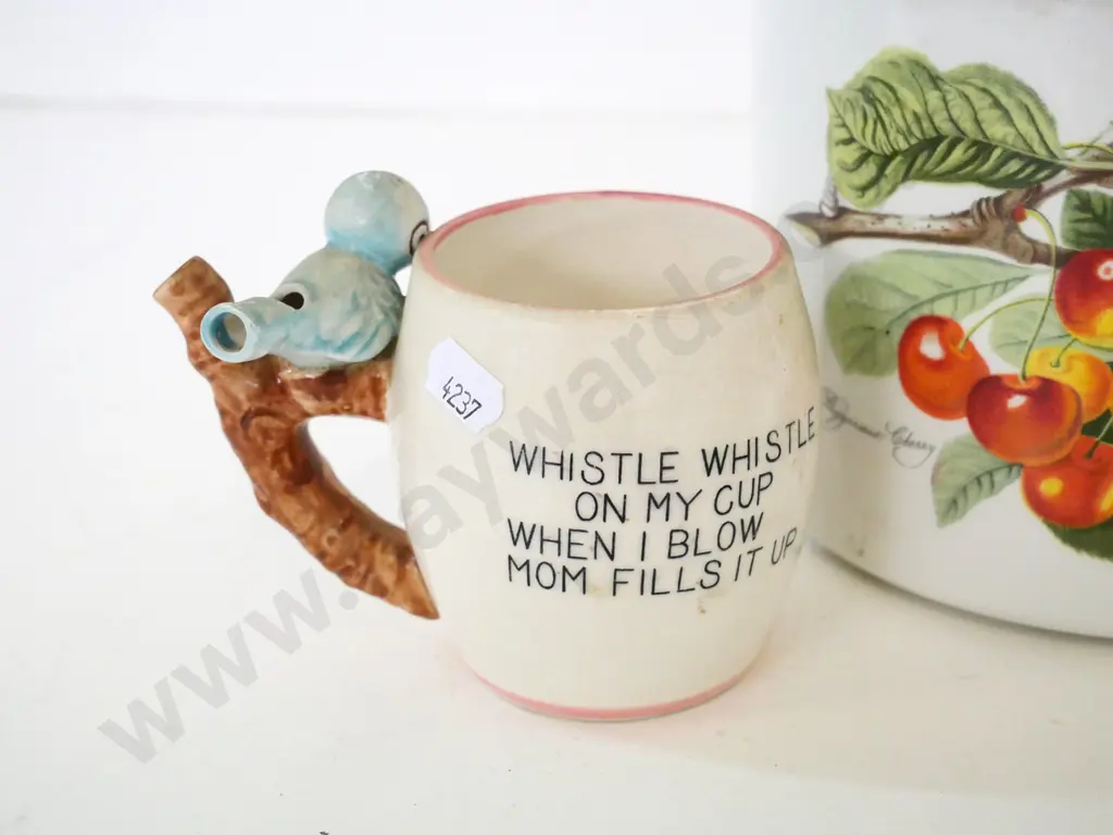 Portmeirion Pomona jardiniere H-140 D-180, a Royal Doulton duck mug, and an unmarked 'sip & whistle' mug Image 1++