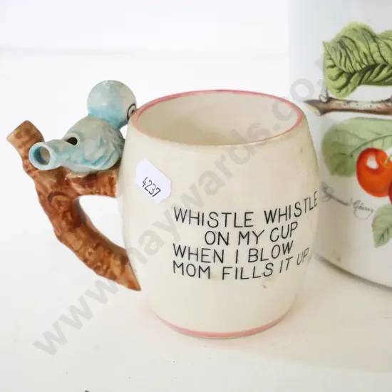 Portmeirion Pomona jardiniere H-140 D-180, a Royal Doulton duck mug, and an unmarked 'sip & whistle' mug