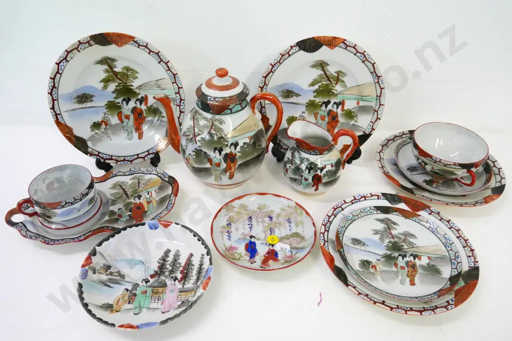Japanese hand-painted porcelain items - teapot (chip to spout) jug, trio, tennis set, plates & spare saucers, 1 odd dish Image 1++