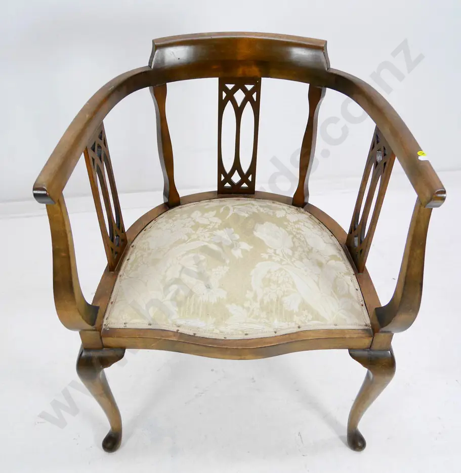 timber framed cab-leg tub chair with fretted splat, gold damask upholstered seat H-740 W-530 D-450 Image 1++