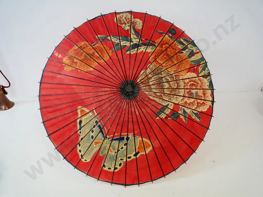 vintage hand-painted bamboo and paper flower and butterfly themed parasol - minor damage Image 1++