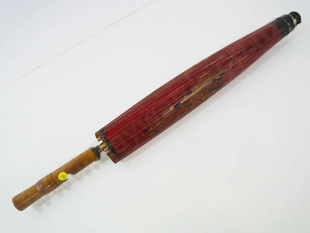 vintage hand-painted bamboo and paper flower and butterfly themed parasol - minor damage Image 1++