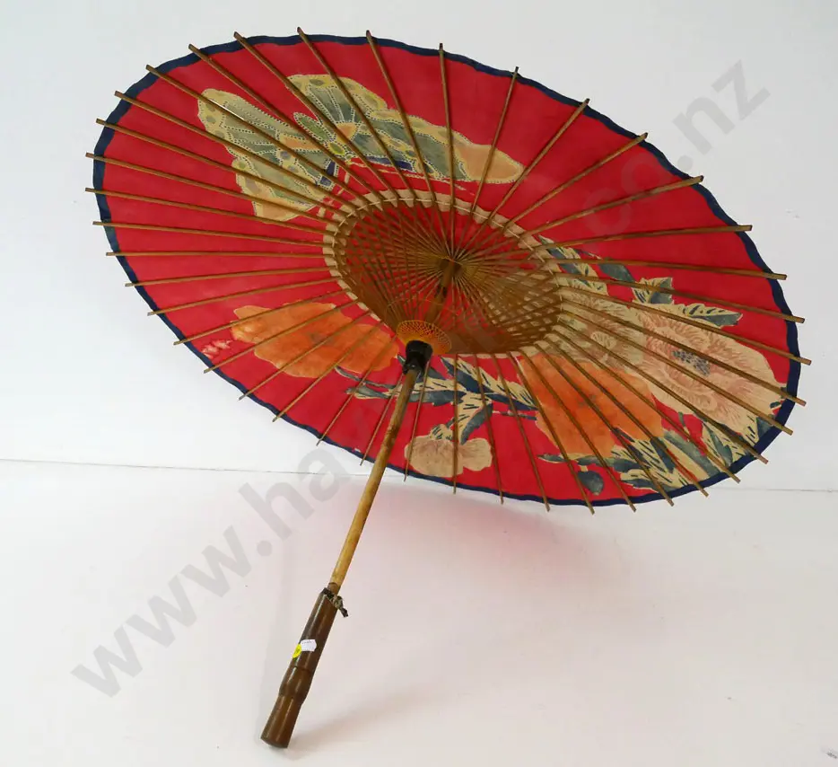 vintage hand-painted bamboo and paper flower and butterfly themed parasol - minor damage Image 1++