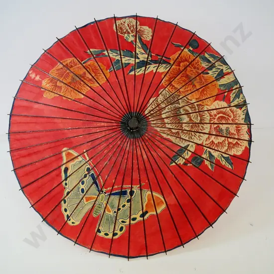 vintage hand-painted bamboo and paper flower and butterfly themed parasol - minor damage