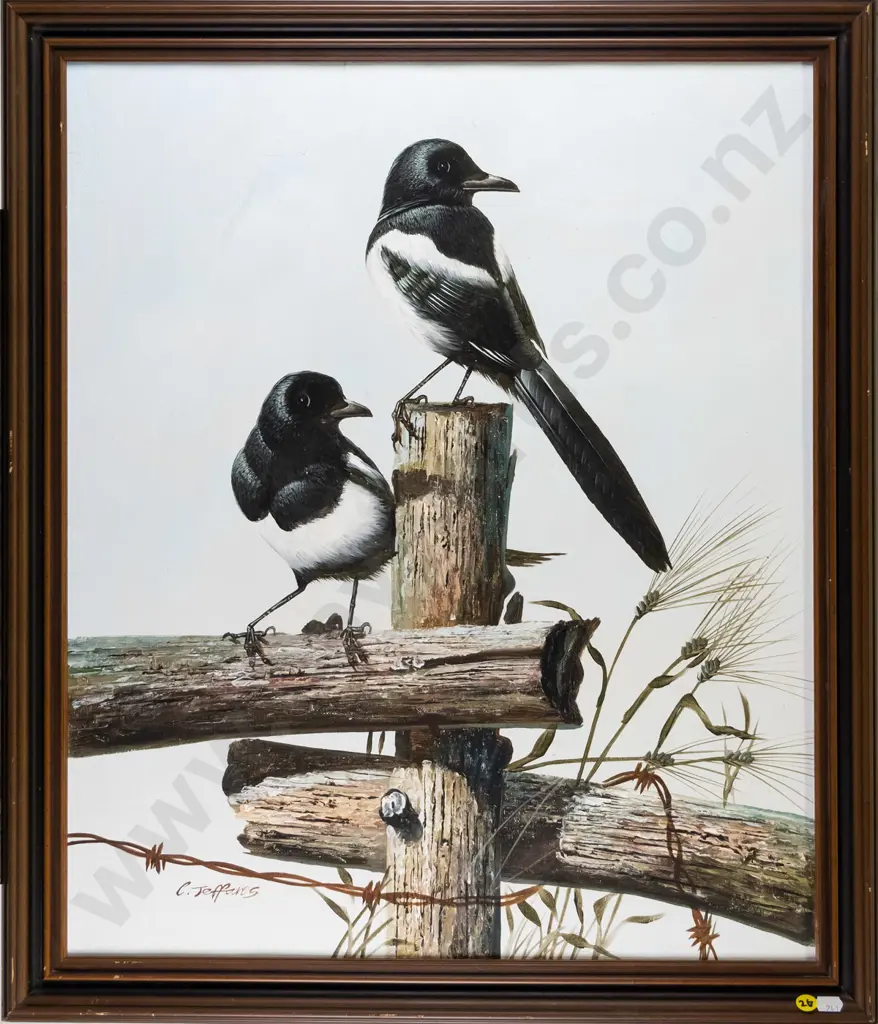 C Jeffares - framed oil - magpies on fence H-600 W-490 Image 1++