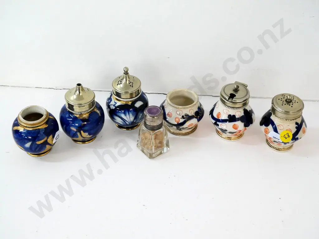 2 early condiment sets with plated tops (1 mustard pot missing rim) and sterling & enamel top small bottle Image 1++