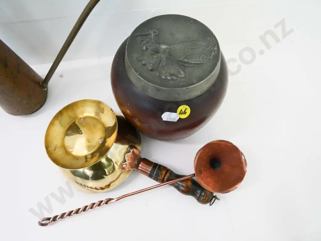 wood tobacco jar with pewter lid, copper and brass wood-handled scoop, copper candle snuffer, copper watering can H-210 Image 1++