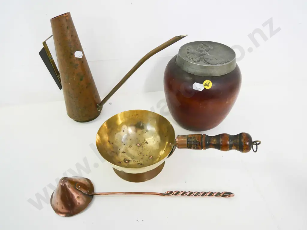 wood tobacco jar with pewter lid, copper and brass wood-handled scoop, copper candle snuffer, copper watering can H-210 Image 1++