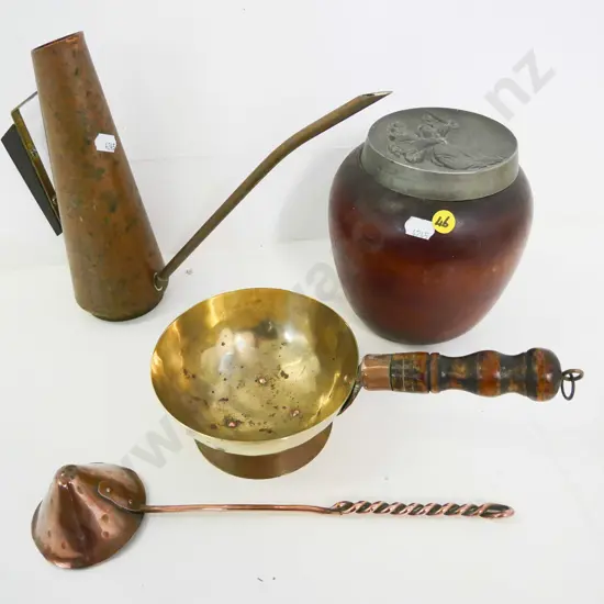 wood tobacco jar with pewter lid, copper and brass wood-handled scoop, copper candle snuffer, copper watering can H-210