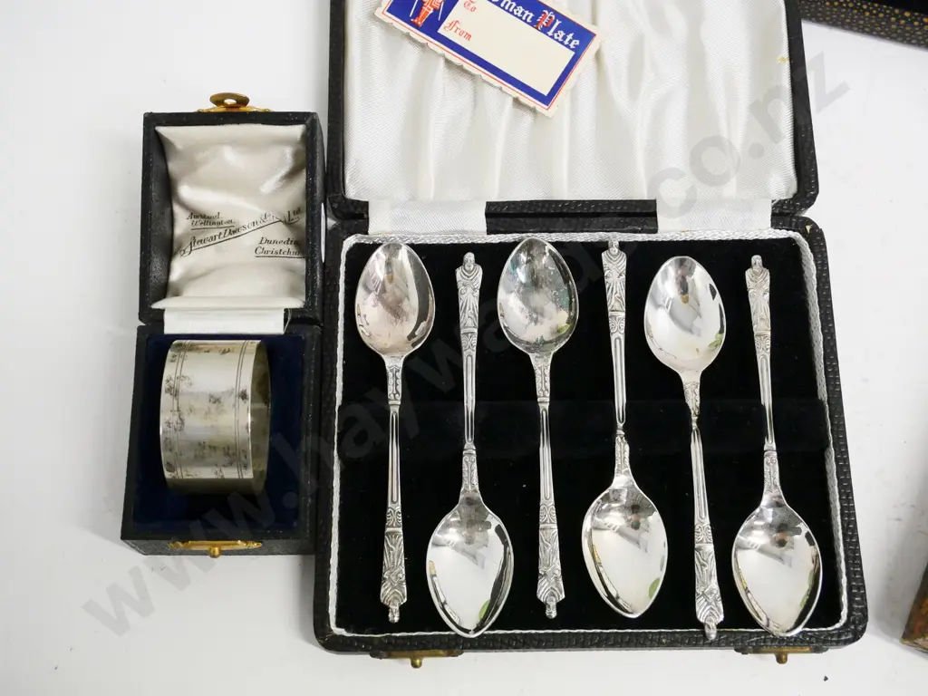 sterling silver napkin ring and 6 cased sets of plated teaspoons including 1 set apostle spoons. One has spoon missing Image 1++