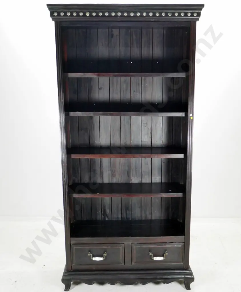 reproduction dark-stained large bookcase with porcelain handles and studding, some movement in joints H2090 W1000 D330 Image 1++
