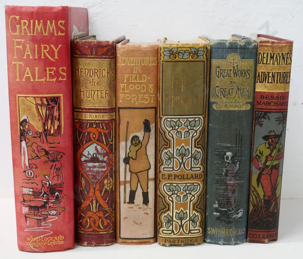 6 vintage books with decorative spine and cover - Grimm's Fairy Tales, adventure & exploration titles, some foxing, wear Image 1++