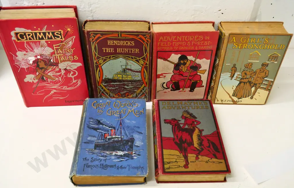 6 vintage books with decorative spine and cover - Grimm's Fairy Tales, adventure & exploration titles, some foxing, wear Image 1++
