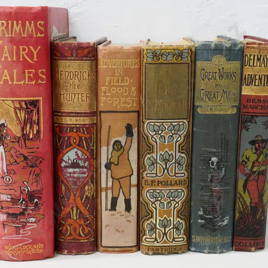 6 vintage books with decorative spine and cover - Grimm's Fairy Tales, adventure & exploration titles, some foxing, wear