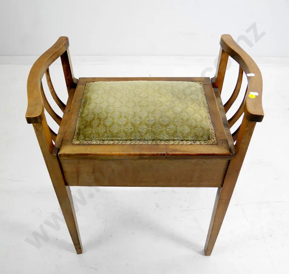 vintage slat-arm beech piano stool with lift-up velvet upholstered seat H-660 W-560 D-350 Image 1++