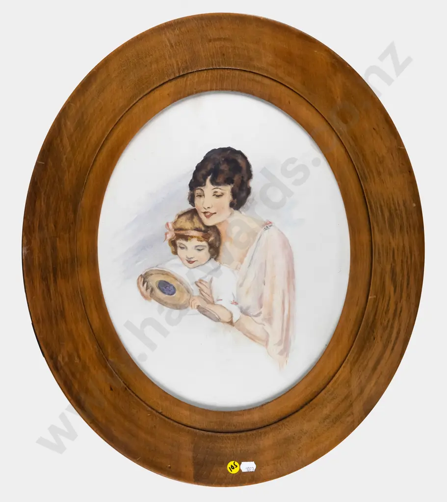 oval framed watercolour - mother and daughter H-370 W-280 Image 1++