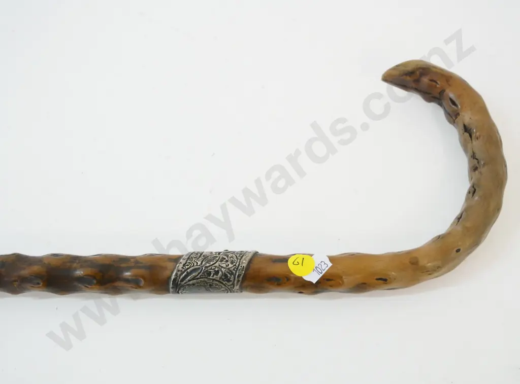 silver (plated? no marks) mounted briar walking stick Image 1++